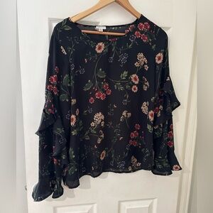 Spense black floral sheer long sleeve ruffle top size large